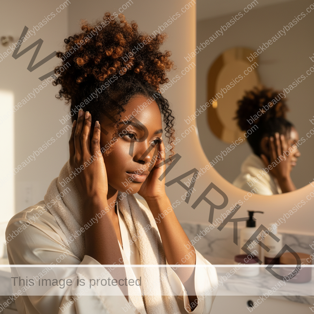 Melanin-rich Black woman with rich brown skin and textured hair relaxed after a gentle scalp-care routine