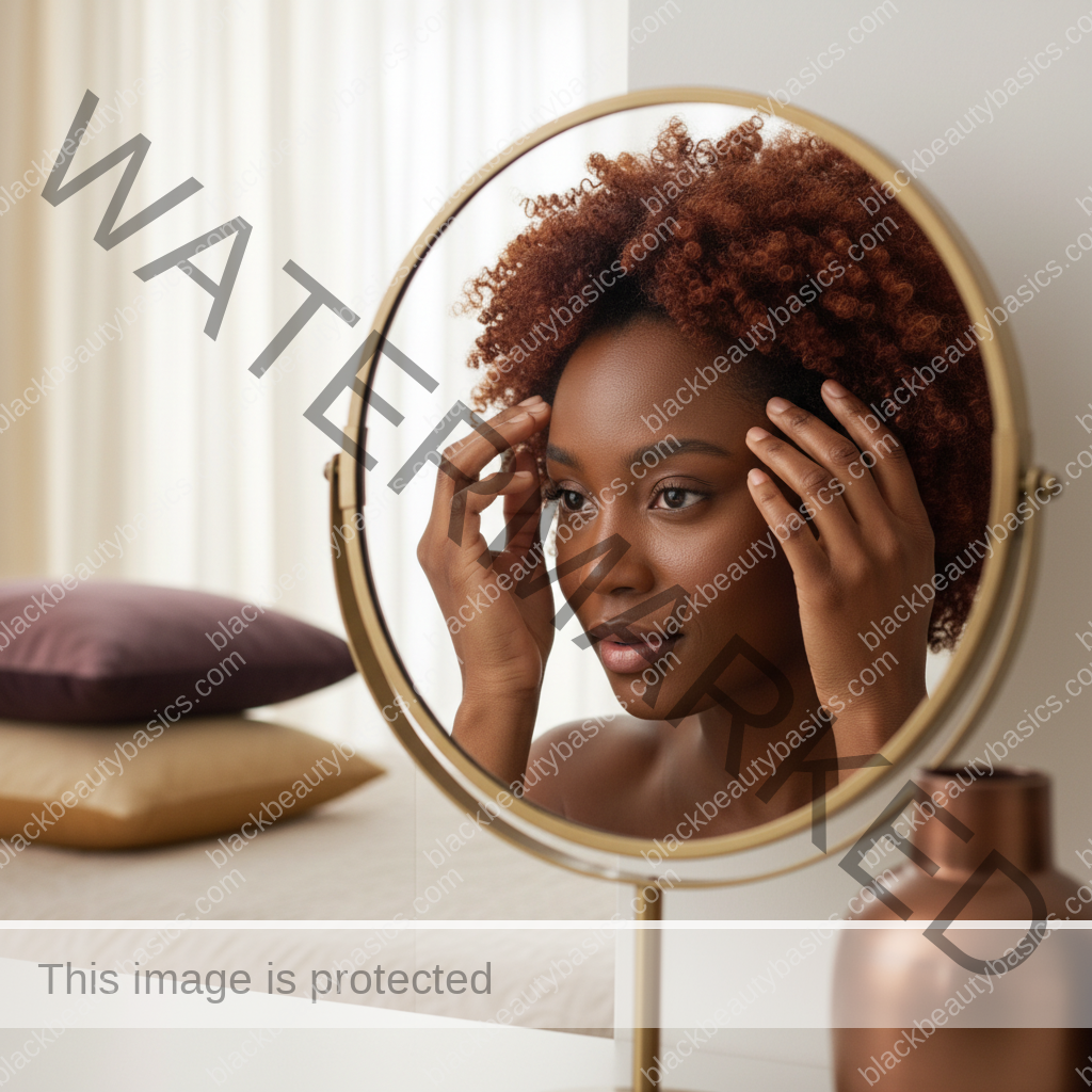 Melanin-rich Black woman with rich brown skin and textured hair gently checking scalp or hairline in a mirror