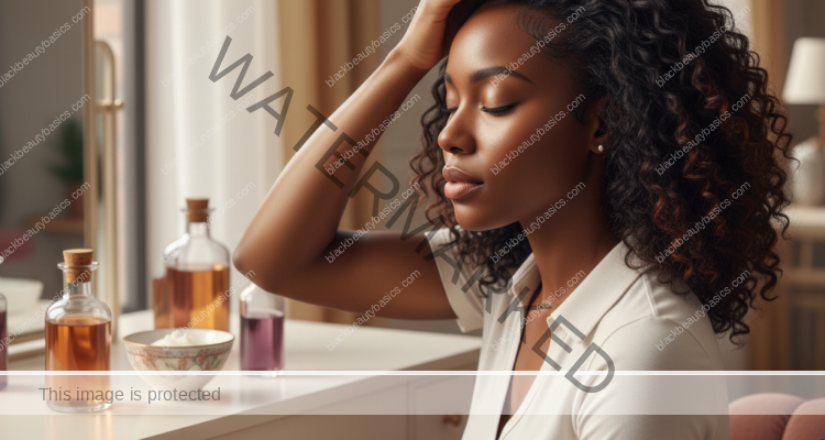 Melanin-rich Black woman with rich brown skin and textured hair in a warm editorial scalp-care moment for PCOS-Related Hair Thinning on Black Women