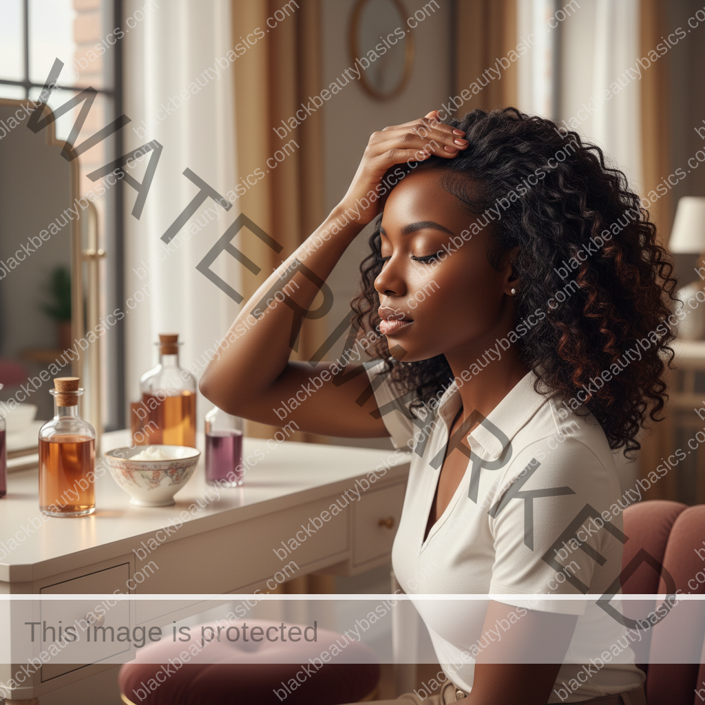Melanin-rich Black woman with rich brown skin and textured hair in a warm editorial scalp-care moment for PCOS-Related Hair Thinning on Black Women
