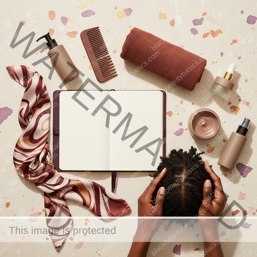 Scalp-care essentials for PCOS-Related Hair Thinning on Black Women in ivory plum bronze and soft gold tones