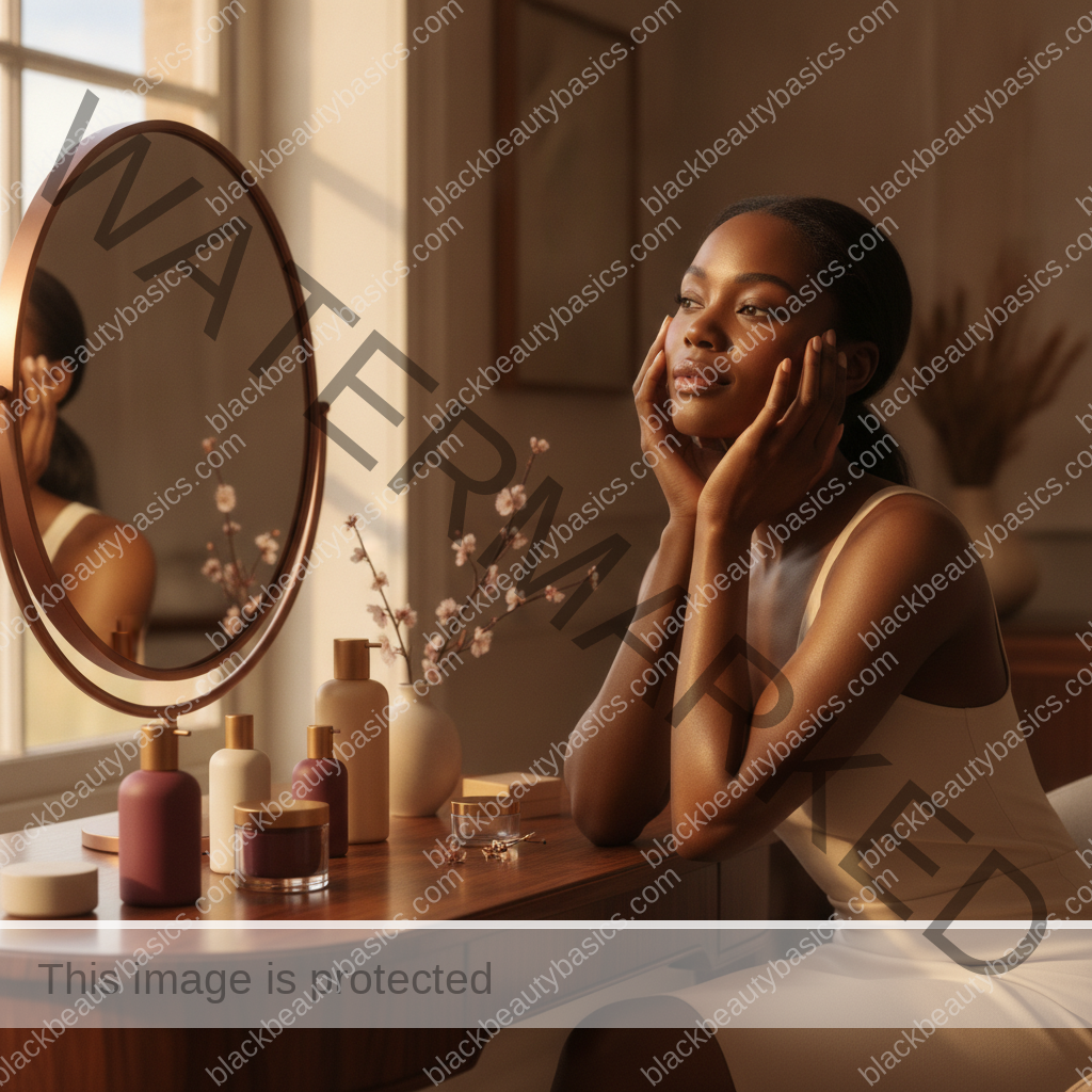 Melanin-rich Black woman with rich brown skin relaxed after a calm skincare or hair-care routine