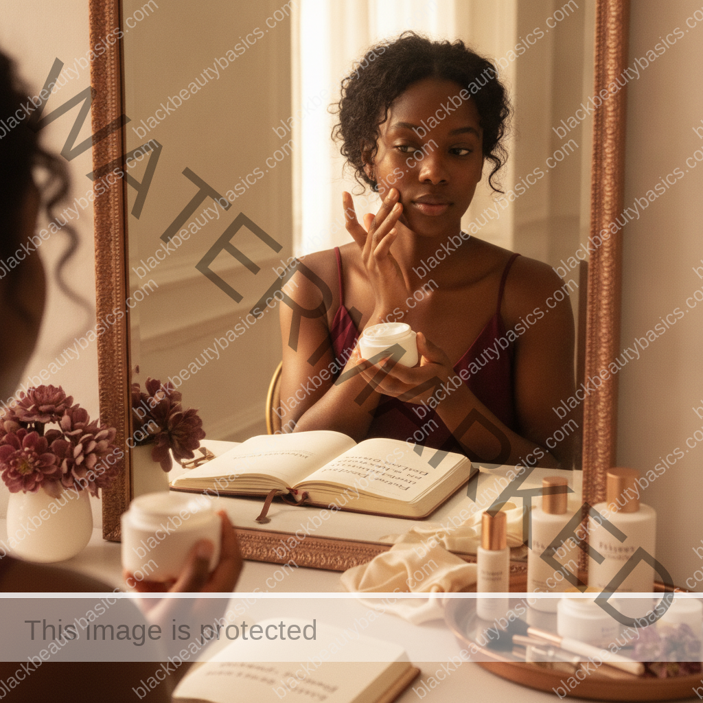 Melanin-rich Black woman with rich brown skin in a calm mirror or note-taking moment