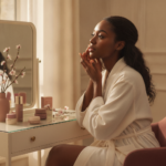 Melanin-rich Black woman with rich brown skin in a warm editorial beauty-care moment for Period-Linked Breakouts and Routine Timing on Deep Skin