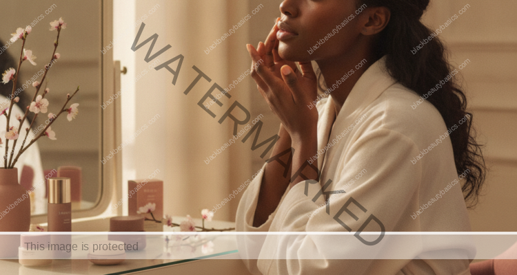 Melanin-rich Black woman with rich brown skin in a warm editorial beauty-care moment for Period-Linked Breakouts and Routine Timing on Deep Skin