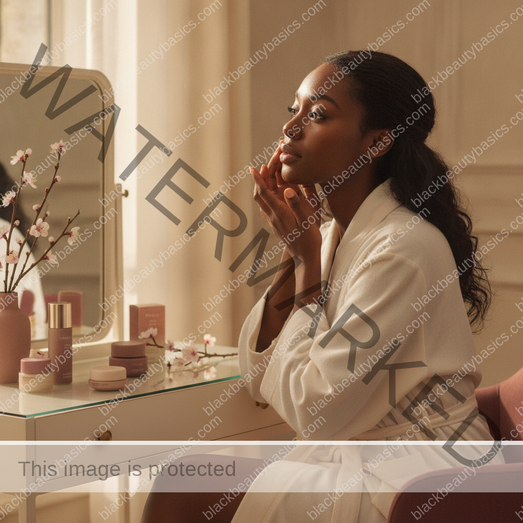 Melanin-rich Black woman with rich brown skin in a warm editorial beauty-care moment for Period-Linked Breakouts and Routine Timing on Deep Skin