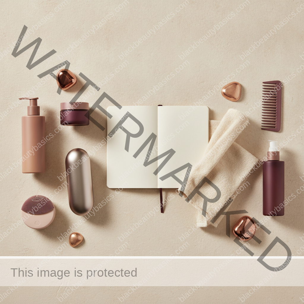 Beauty-care essentials for Period-Linked Breakouts and Routine Timing on Deep Skin in ivory plum bronze and soft gold tones