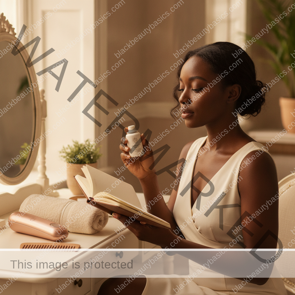 Melanin-rich Black woman with rich brown skin using a gentle care or planning step with natural hands and correct anatomy