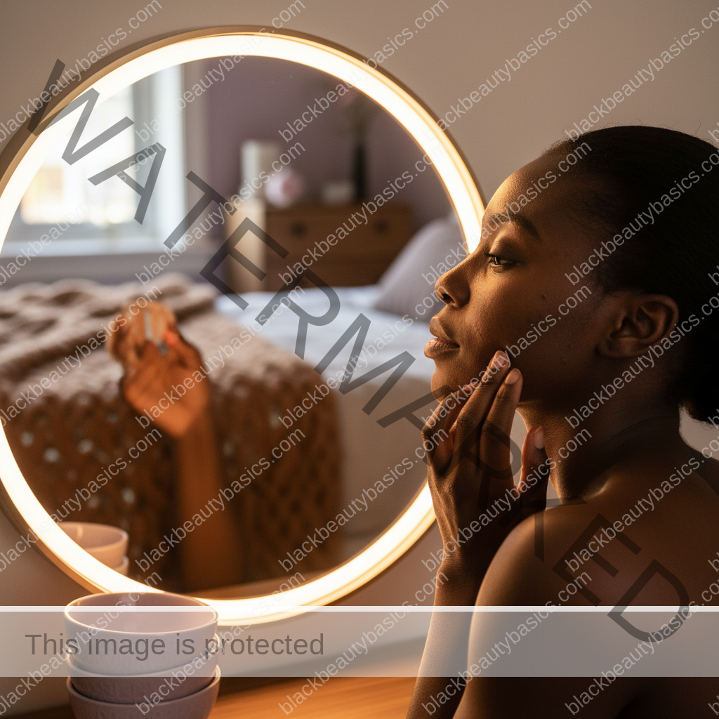 Black woman with richly melanated skin reflecting gently during an acne care routine