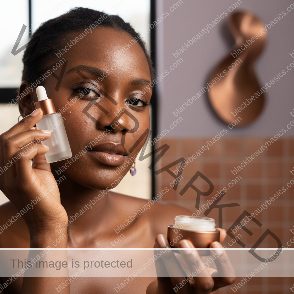 Black woman with deep skin in a calm acne-safe skincare moment for Picking, Popping, and PIH on Melanin-Rich Skin