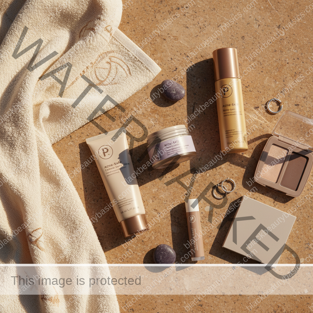 Acne-safe skincare essentials arranged for Picking, Popping, and PIH on Melanin-Rich Skin