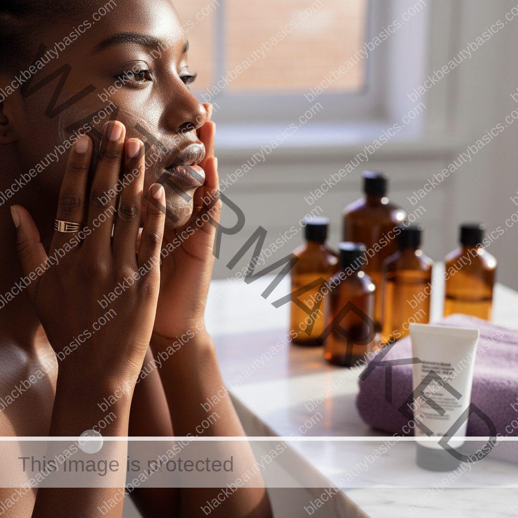 Black woman applying a gentle acne routine step for Picking, Popping, and PIH on Melanin-Rich Skin