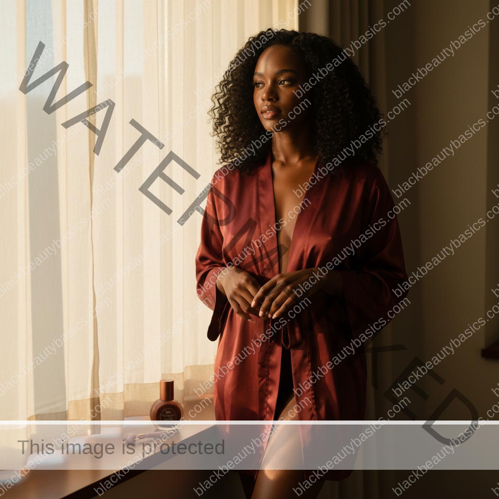 Melanin-rich Black woman with rich brown skin relaxed after a gentle body care routine