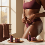 Melanin-rich Black woman with rich brown skin in a warm editorial body care moment for How to Treat Post-Shave Dark Marks on the Bikini Line