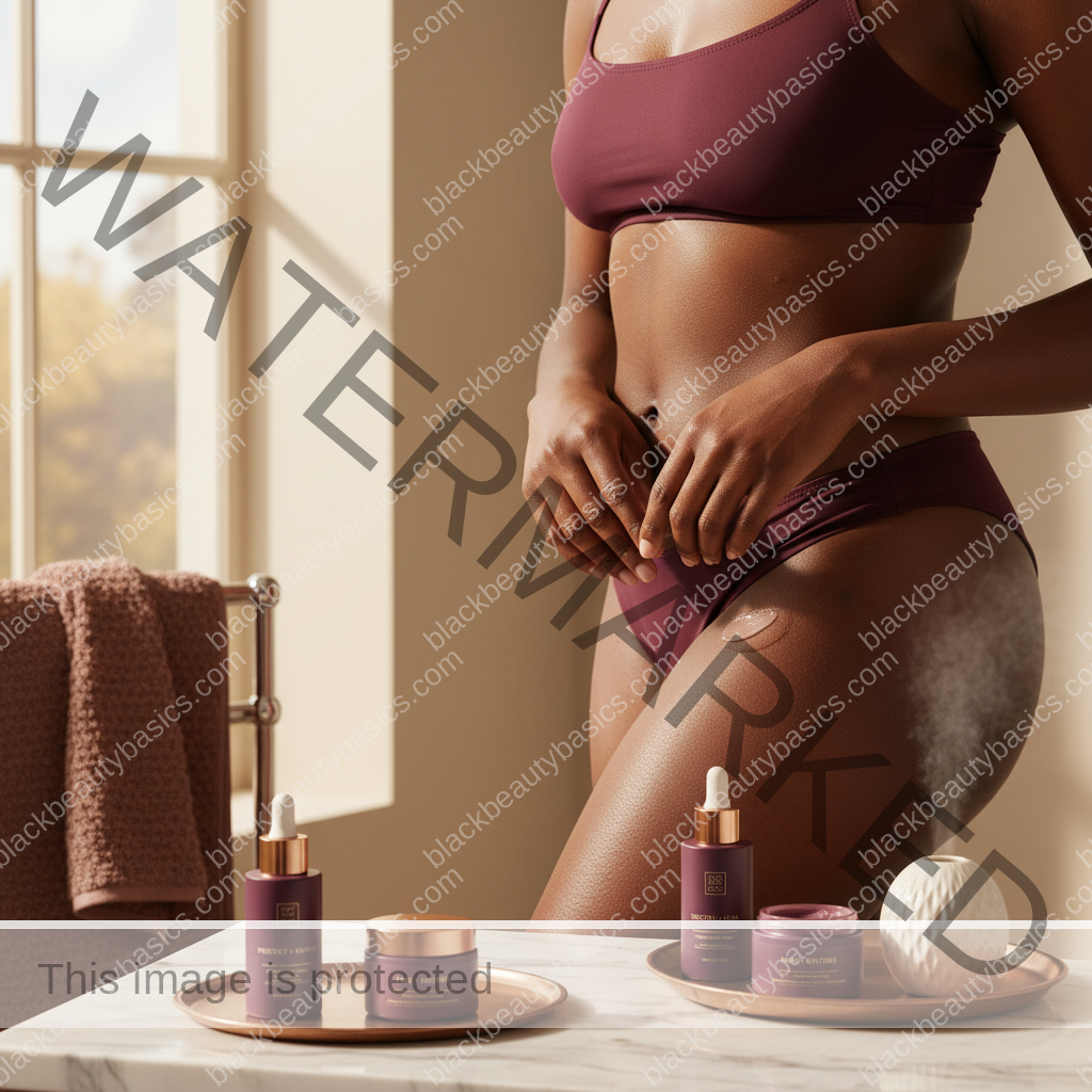 Melanin-rich Black woman with rich brown skin in a warm editorial body care moment for How to Treat Post-Shave Dark Marks on the Bikini Line