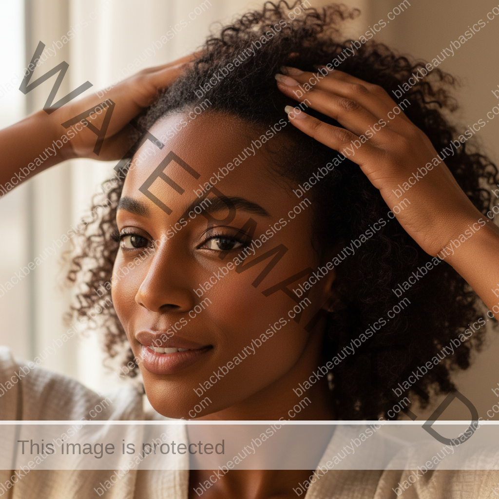Melanin-rich Black woman with rich brown skin and textured hair relaxed after a gentle scalp-care routine