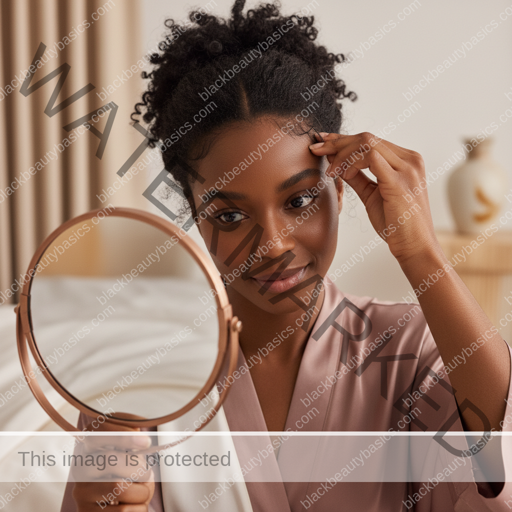 Melanin-rich Black woman with rich brown skin and textured hair gently checking scalp or hairline in a mirror