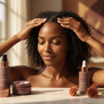 Melanin-rich Black woman with rich brown skin and textured hair in a warm editorial scalp-care moment for Postpartum Shedding on Black Women: What Is Common and What Is Concerning