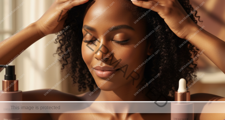 Melanin-rich Black woman with rich brown skin and textured hair in a warm editorial scalp-care moment for Postpartum Shedding on Black Women: What Is Common and What Is Concerning