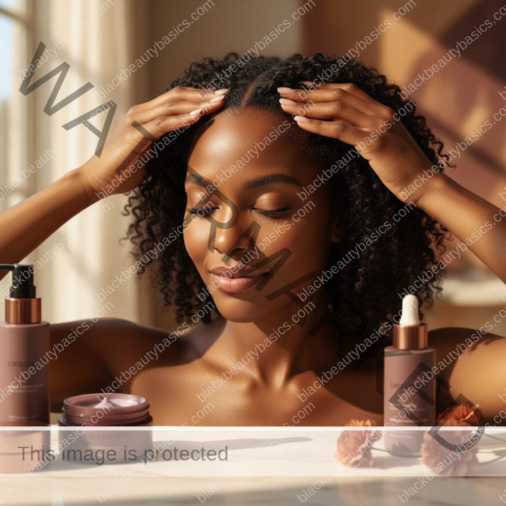 Melanin-rich Black woman with rich brown skin and textured hair in a warm editorial scalp-care moment for Postpartum Shedding on Black Women: What Is Common and What Is Concerning