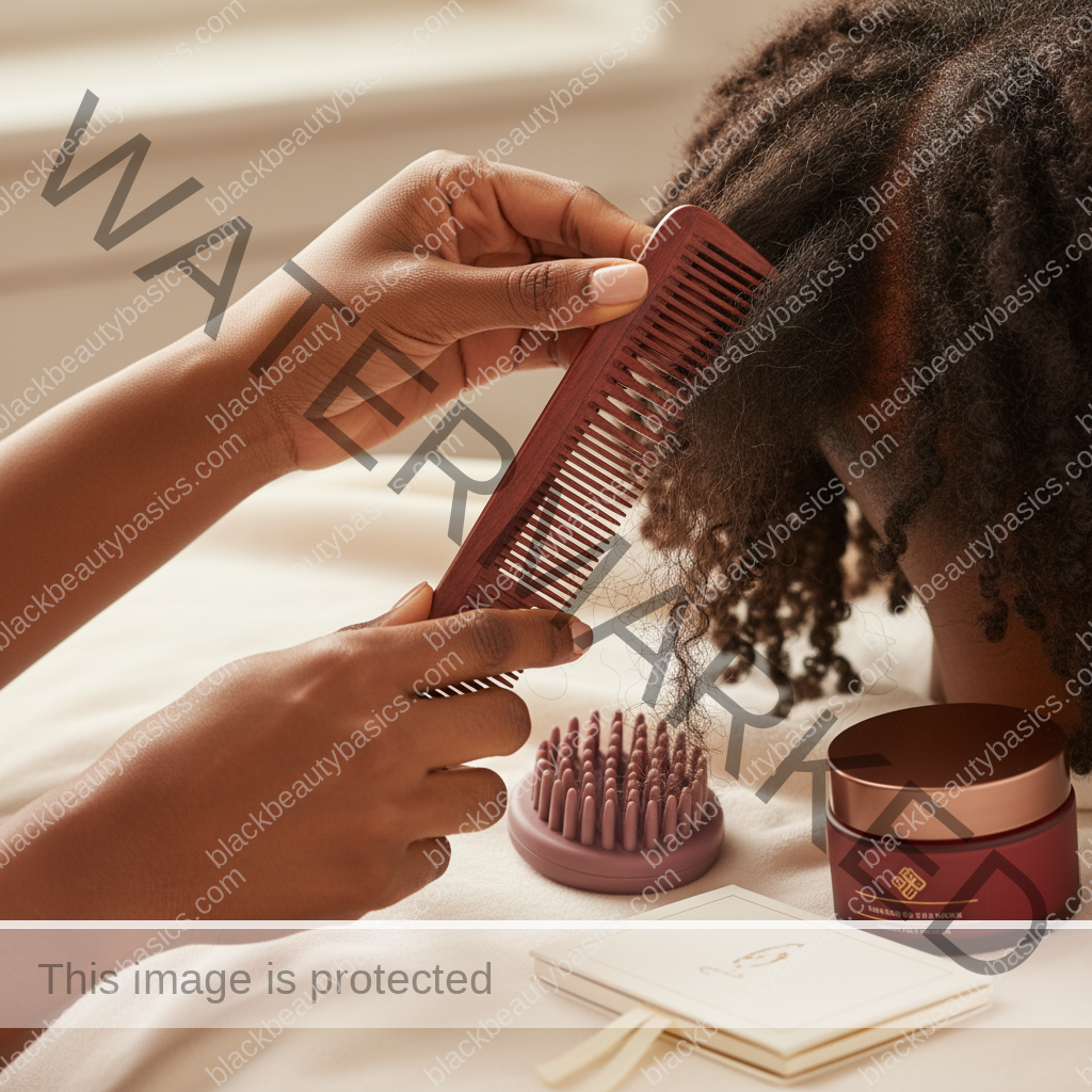 Melanin-rich Black woman with rich brown skin and textured hair using a practical scalp-care step with natural hands and correct anatomy