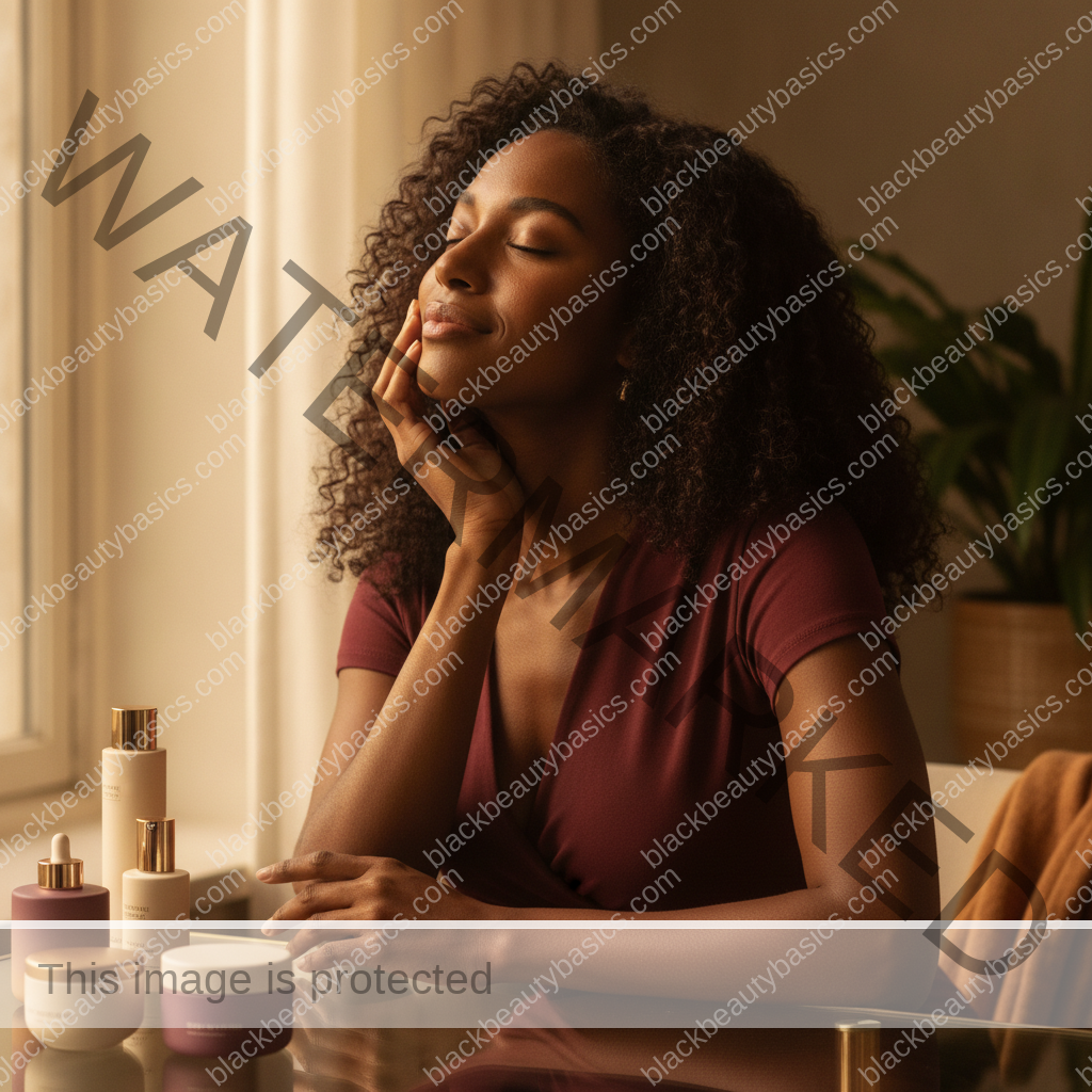 Melanin-rich Black woman with rich brown skin relaxed after a calm skincare or hair-care routine