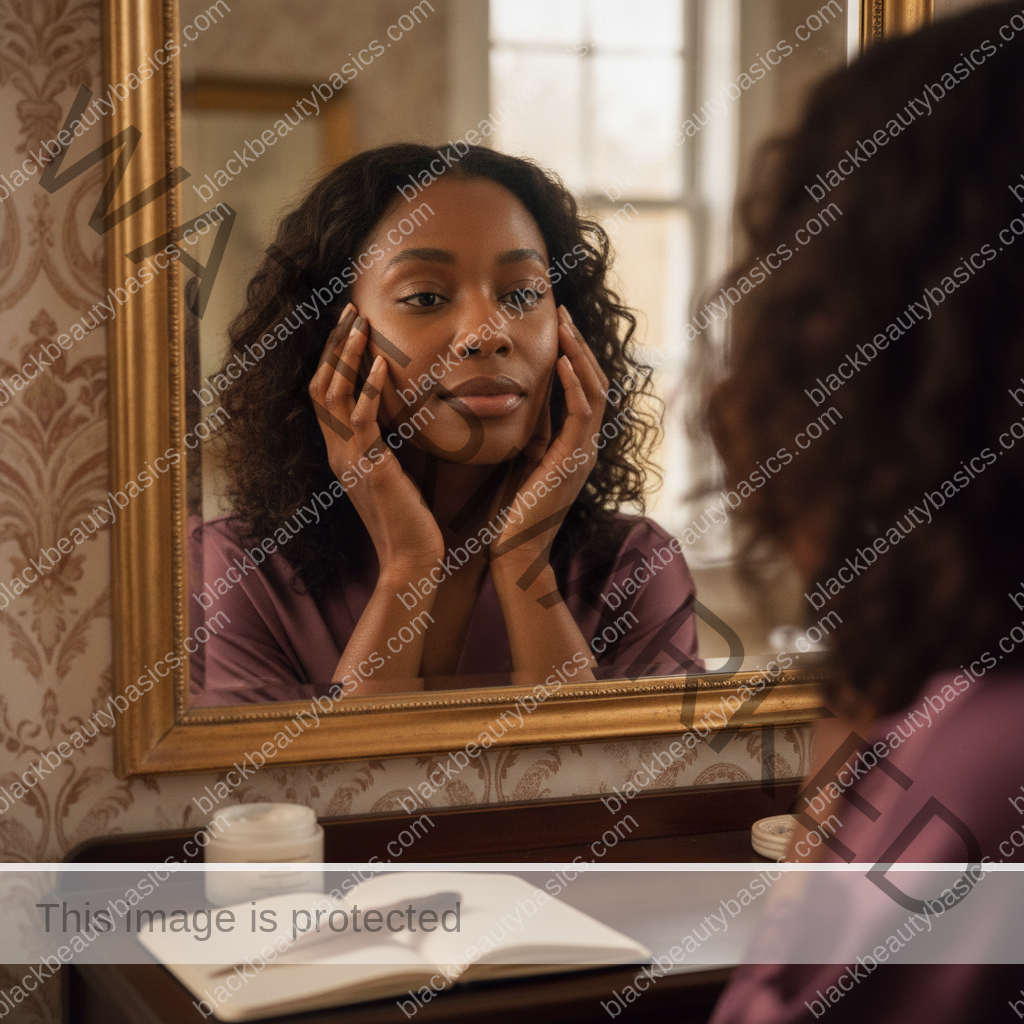 Melanin-rich Black woman with rich brown skin in a calm mirror or note-taking moment