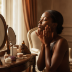 Melanin-rich Black woman with rich brown skin in a warm editorial beauty-care moment for Postpartum Skin Changes on Melanin-Rich Skin