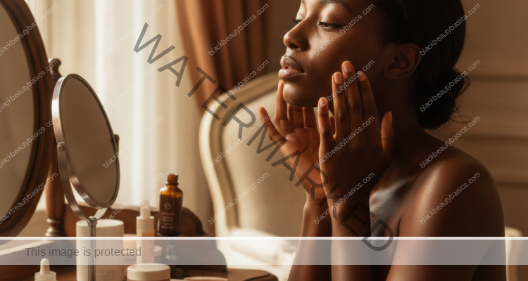 Melanin-rich Black woman with rich brown skin in a warm editorial beauty-care moment for Postpartum Skin Changes on Melanin-Rich Skin