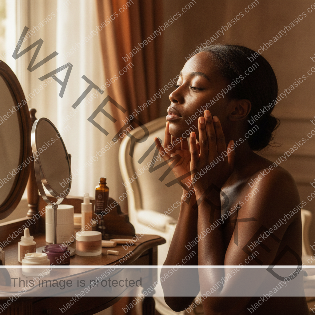 Melanin-rich Black woman with rich brown skin in a warm editorial beauty-care moment for Postpartum Skin Changes on Melanin-Rich Skin