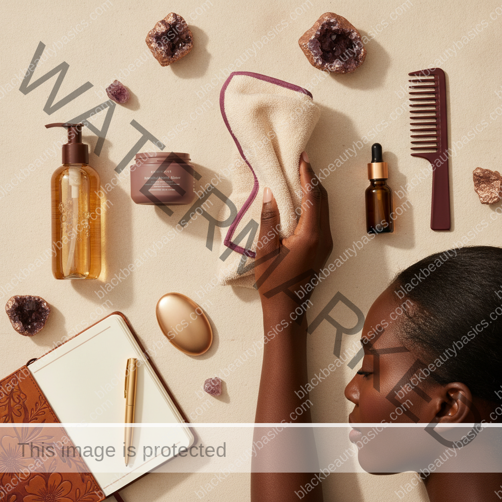 Beauty-care essentials for Postpartum Skin Changes on Melanin-Rich Skin in ivory plum bronze and soft gold tones