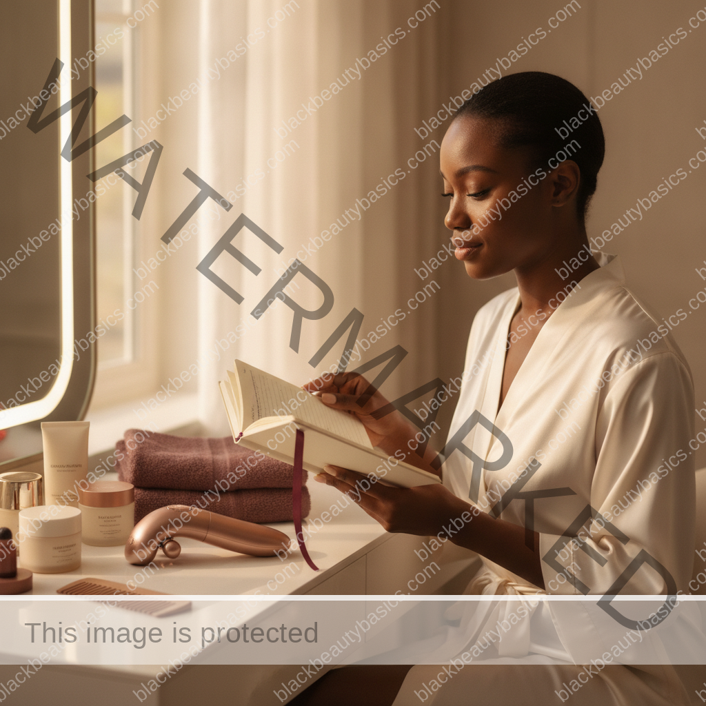 Melanin-rich Black woman with rich brown skin using a gentle care or planning step with natural hands and correct anatomy
