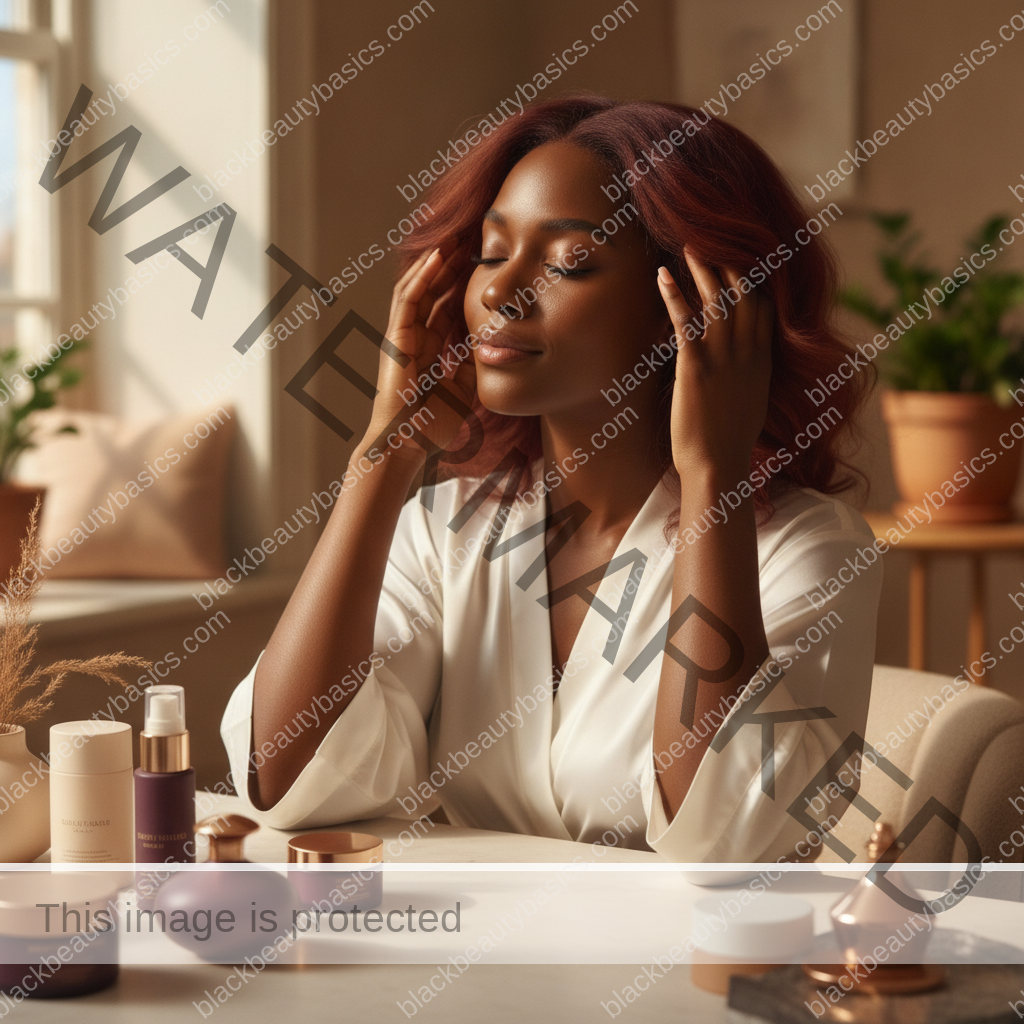 Melanin-rich Black woman with rich brown skin relaxed after a calm skincare or hair-care routine