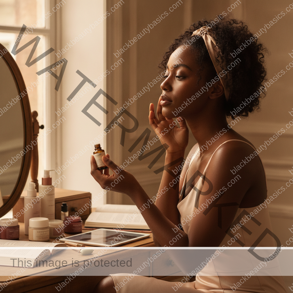 Melanin-rich Black woman with rich brown skin in a practical context for Pregnancy-Safe Beauty Routines for Black Women: How to Simplify