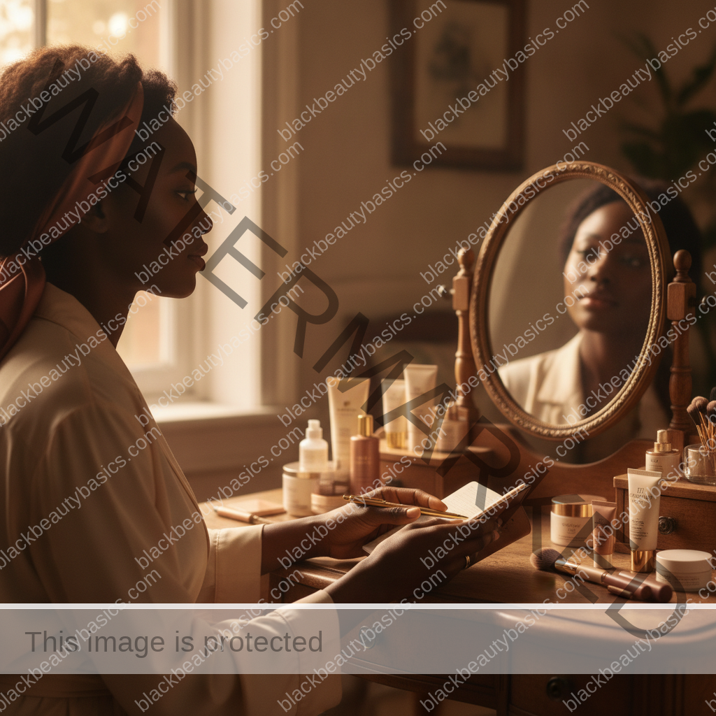 Melanin-rich Black woman with rich brown skin in a calm mirror or note-taking moment