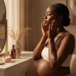 Melanin-rich Black woman with rich brown skin in a warm editorial beauty-care moment for Pregnancy-Safe Beauty Routines for Black Women: How to Simplify
