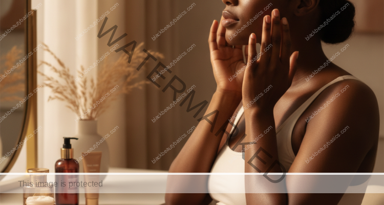 Melanin-rich Black woman with rich brown skin in a warm editorial beauty-care moment for Pregnancy-Safe Beauty Routines for Black Women: How to Simplify