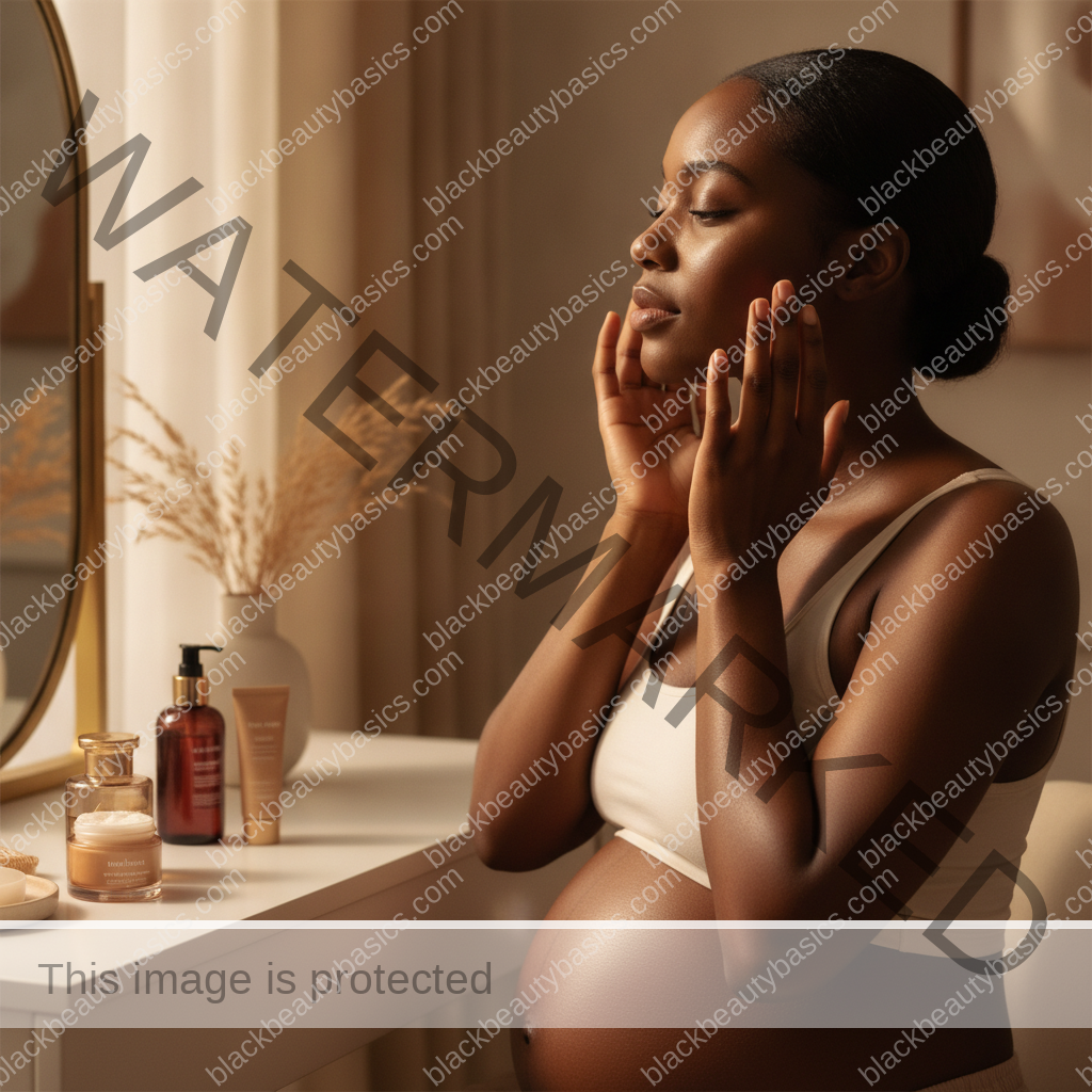 Melanin-rich Black woman with rich brown skin in a warm editorial beauty-care moment for Pregnancy-Safe Beauty Routines for Black Women: How to Simplify