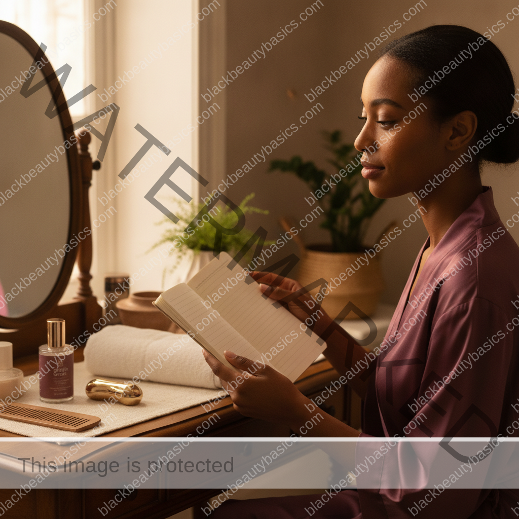 Melanin-rich Black woman with rich brown skin using a gentle care or planning step with natural hands and correct anatomy