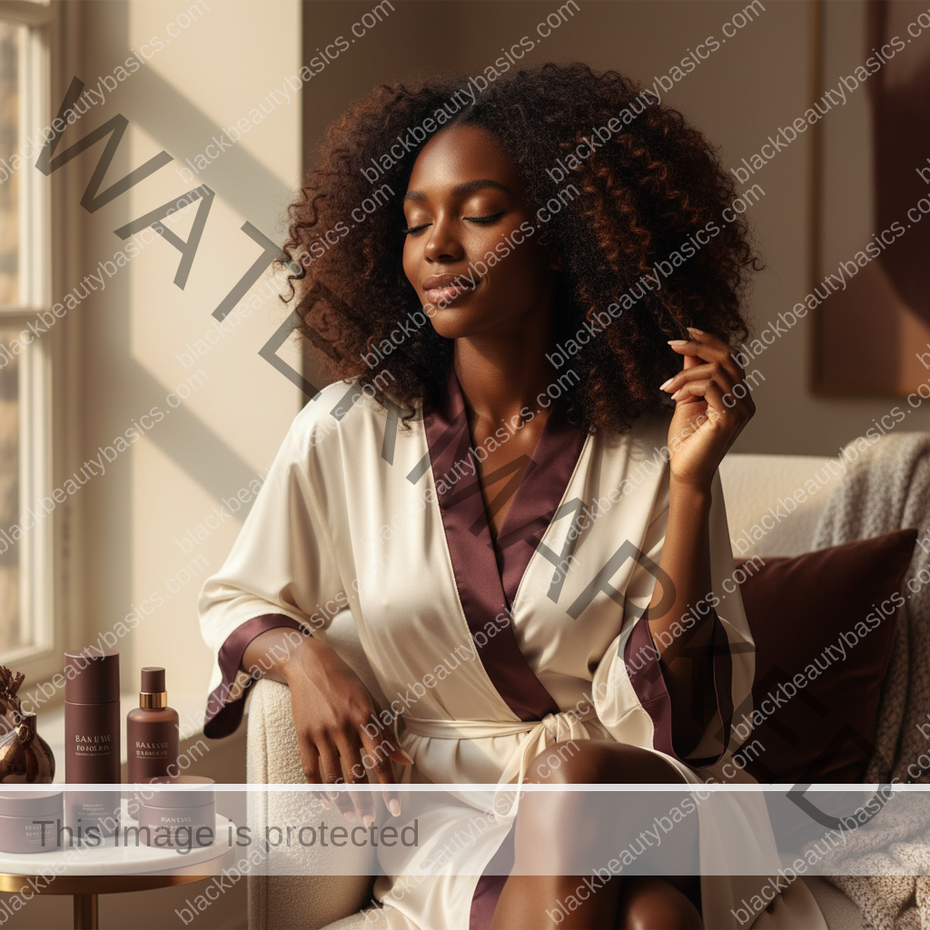 Melanin-rich Black woman with rich brown skin and textured hair relaxed after a gentle natural-hair routine