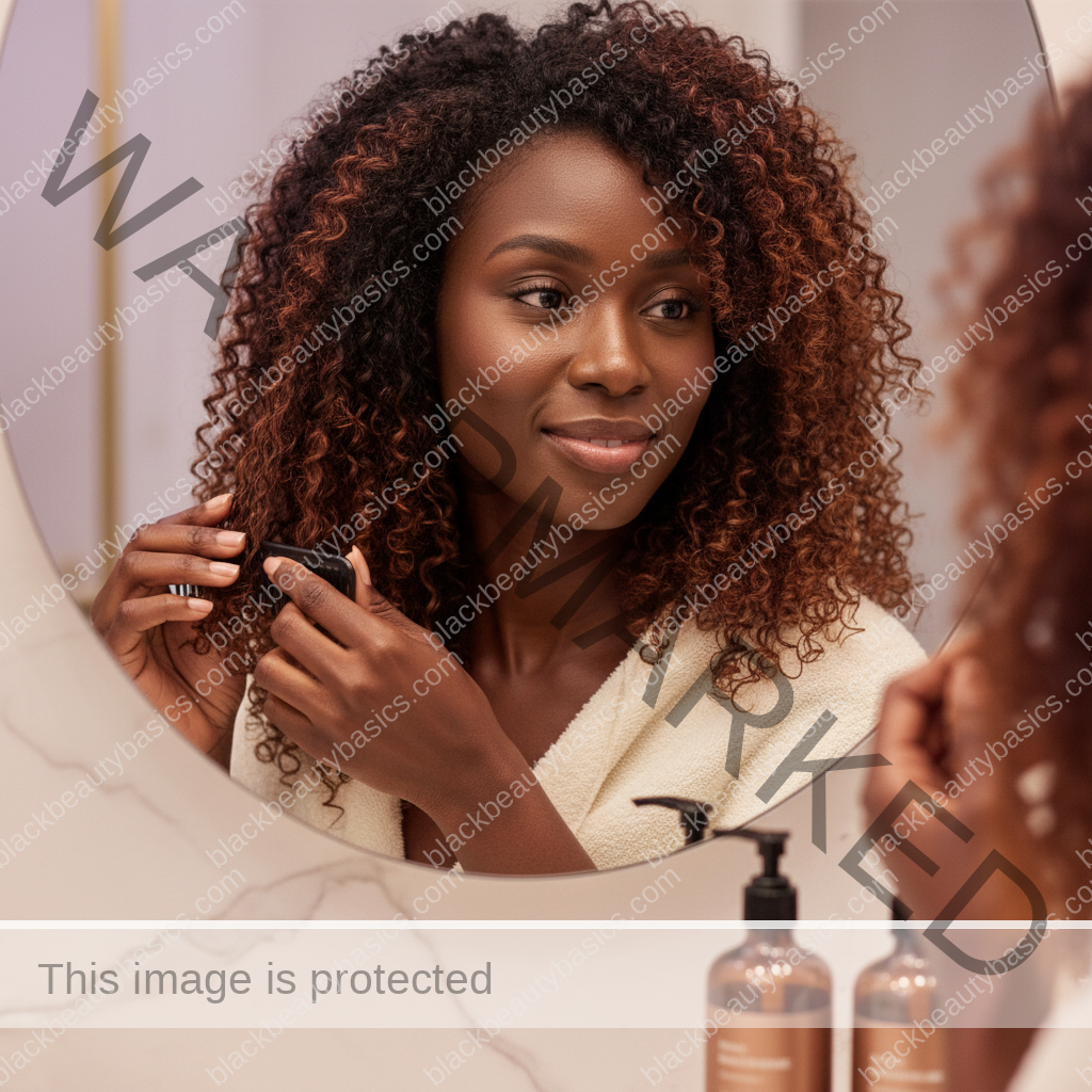 Melanin-rich Black woman with rich brown skin and textured hair in a calm mirror moment with natural hair
