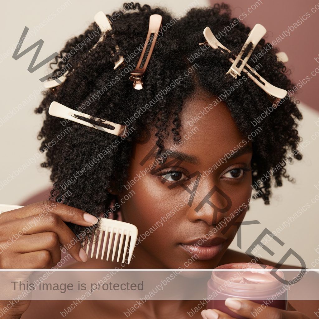 Melanin-rich Black woman with rich brown skin and textured hair using a practical natural-hair care step with natural hands and correct anatomy