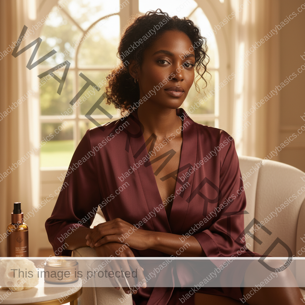 Melanin-rich Black woman with rich brown skin relaxed after a gentle body care routine