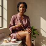 Melanin-rich Black woman with rich brown skin in a warm editorial body care moment for How to Prevent Ingrown Hairs After Shaving Curly Body Hair