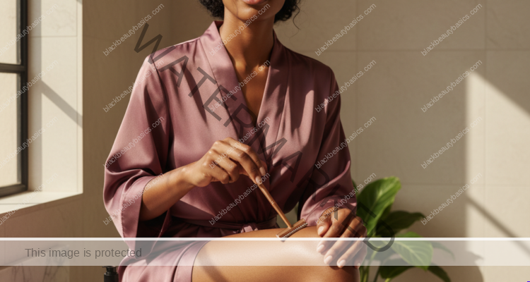 Melanin-rich Black woman with rich brown skin in a warm editorial body care moment for How to Prevent Ingrown Hairs After Shaving Curly Body Hair