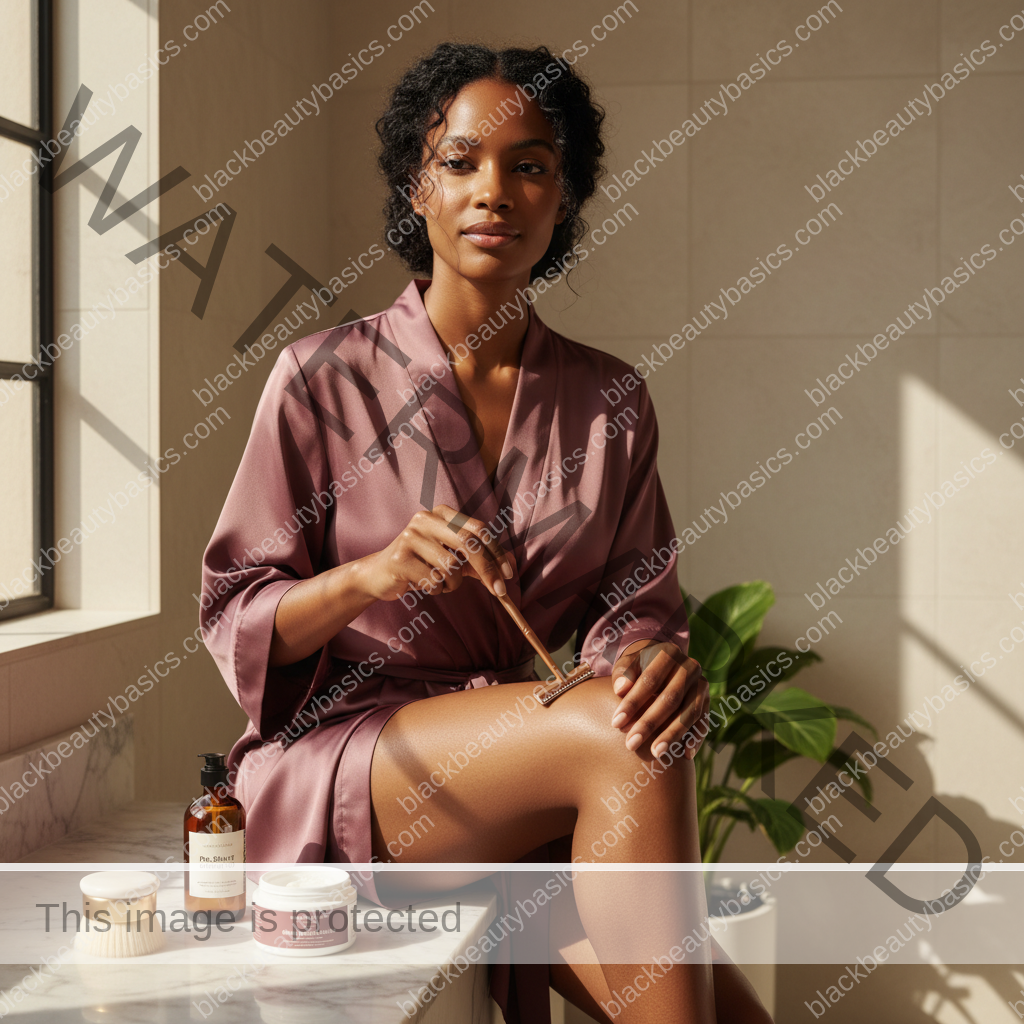 Melanin-rich Black woman with rich brown skin in a warm editorial body care moment for How to Prevent Ingrown Hairs After Shaving Curly Body Hair