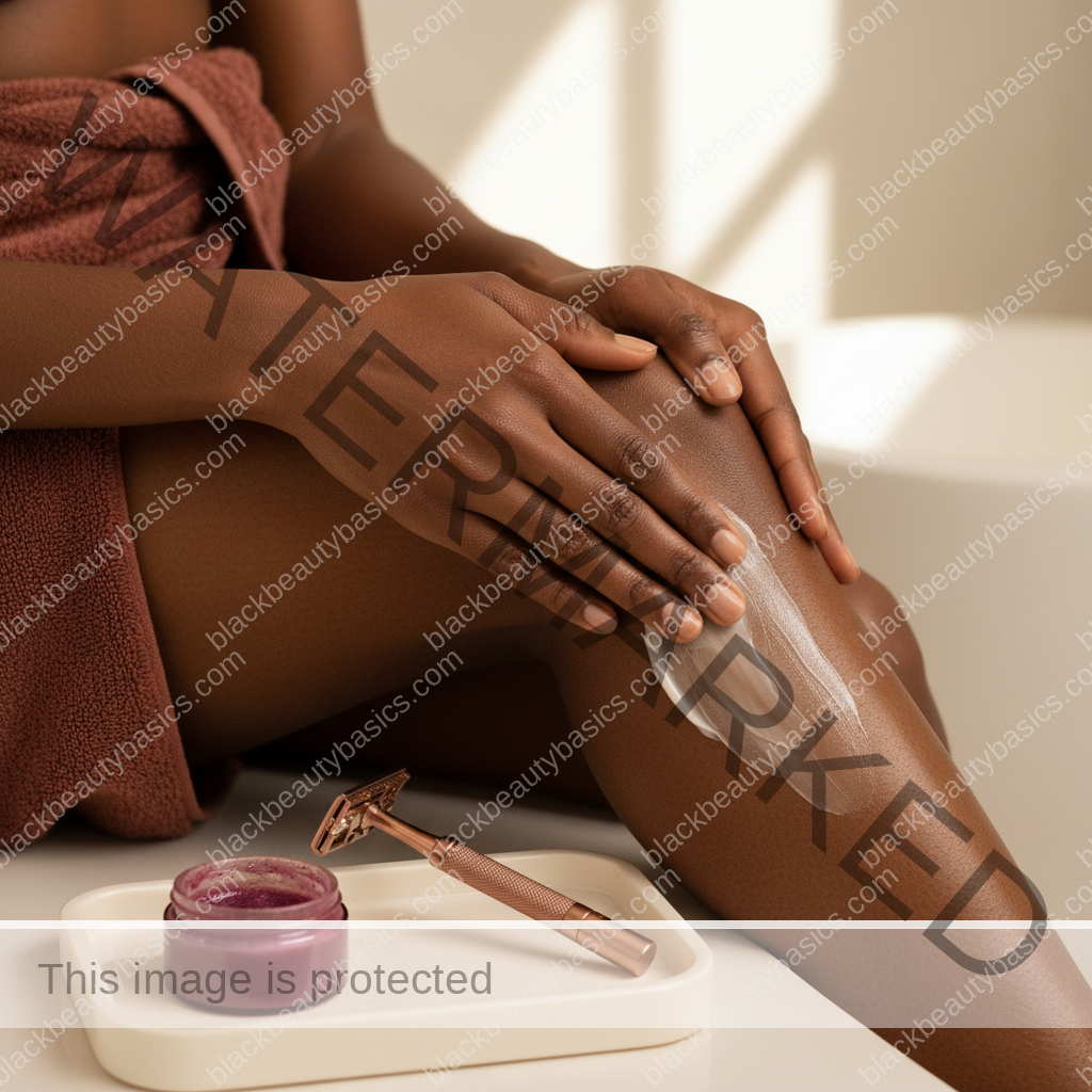 Melanin-rich Black woman with rich brown skin using a practical body care step with natural hands and correct anatomy