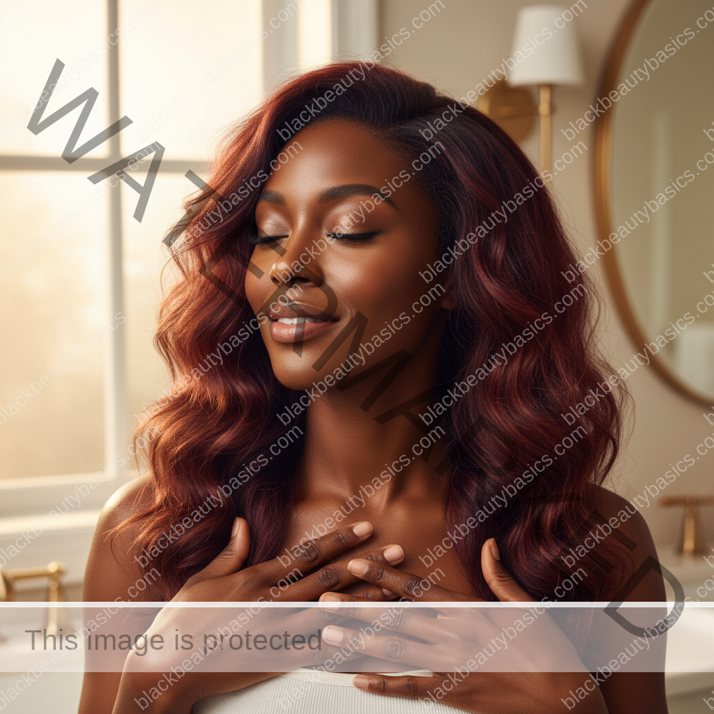 Melanin-rich Black woman with rich brown skin and textured hair relaxed after a gentle natural-hair routine