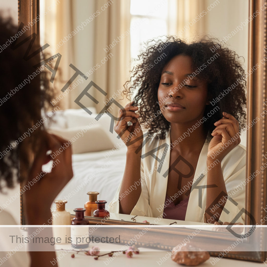 Melanin-rich Black woman with rich brown skin and textured hair in a calm mirror moment with natural hair