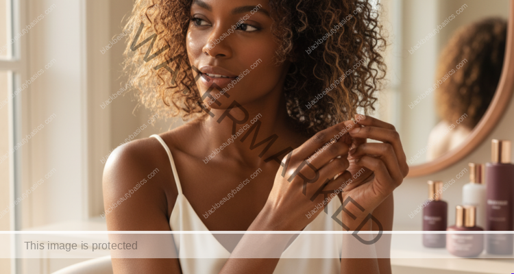 Melanin-rich Black woman with rich brown skin and textured hair in a warm editorial natural-hair routine moment for Protein Overload on Textured Hair: What It Can Look Like